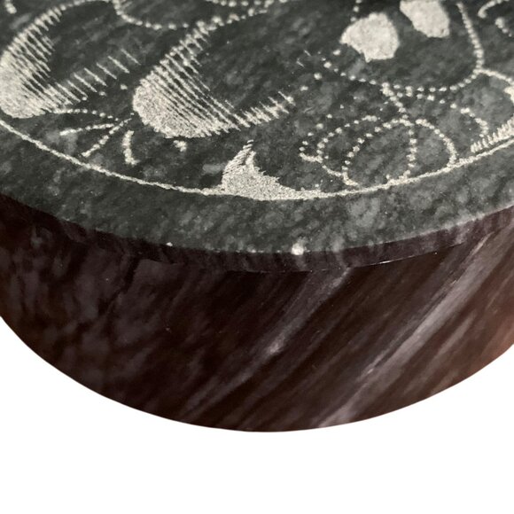 Decorative Black Granite Marble Round Jewelry Box With Floral Carved Lid 4x1.5" - Picture 7 of 9